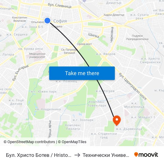 Бул. Христо Ботев / Hristo Botev Blvd. (6405) to Технически Университет - София map