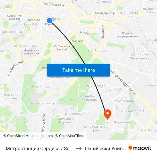 Ⓜ️ Метростанция Сердика / Serdika Metro Station (6459) to Технически Университет - София map