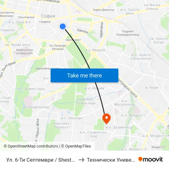 Ул. 6-Ти Септември / Shesti Septemvri St. (6456) to Технически Университет - София map