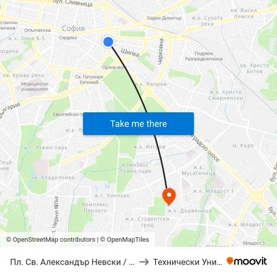 Пл. Св. Александър Невски / St. Alexander Nevsky Qr. (6439) to Технически Университет - София map