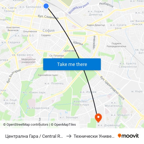 Централна Гара / Central Railway Station (1333) to Технически Университет - София map