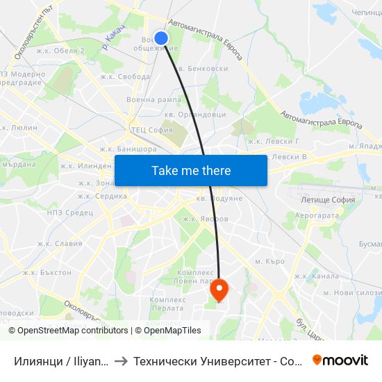 Илиянци / Iliyantsi to Технически Университет - София map