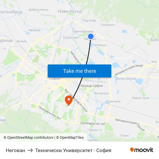 Негован to Технически Университет - София map