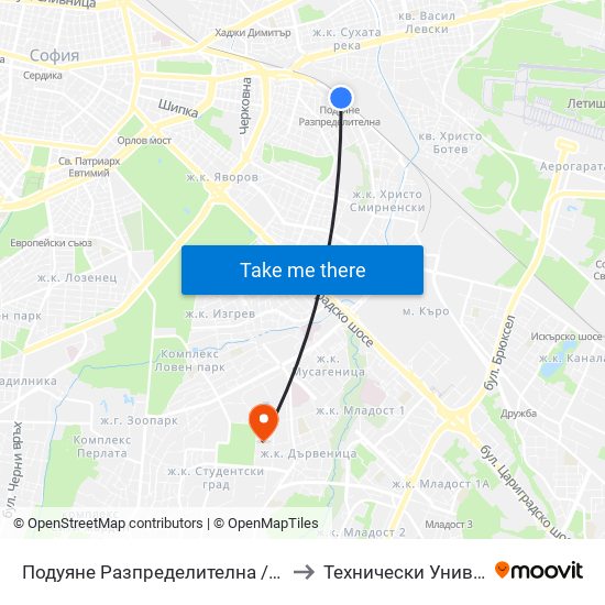 Подуяне Разпределителна / Poduyane Razpredelitelna to Технически Университет - София map