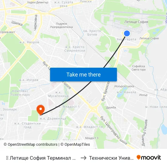 ✈️ Летище София Терминал 1 / Sofia Airport Terminal 1 to Технически Университет - София map