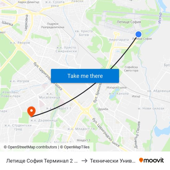 Летище София Терминал 2 / Sofia Airport Terminal 2 to Технически Университет - София map