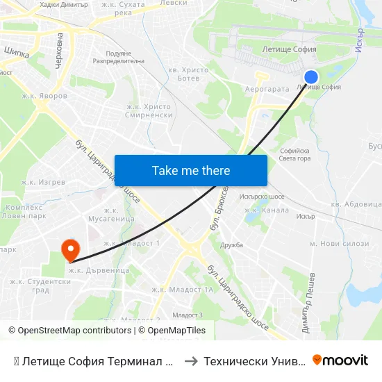 ✈️ Летище София Терминал 2 / Sofia Airport Terminal 2 to Технически Университет - София map