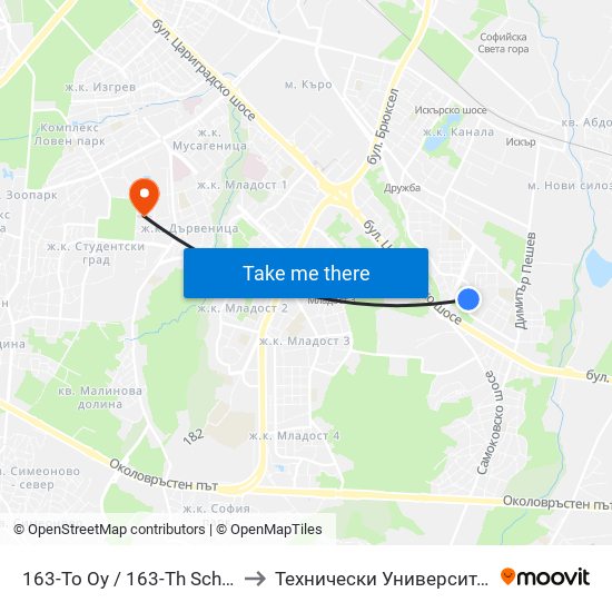 163-То Оу / 163-Th School (0015) to Технически Университет - София map