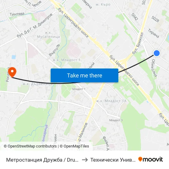 Ⓜ️ Метростанция Дружба / Druzhba Metro Station (0235) to Технически Университет - София map