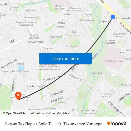 София Тех Парк / Sofia Tech Park (0579) to Технически Университет - София map