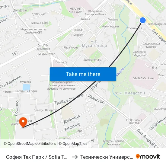София Тех Парк / Sofia Tech Park (0576) to Технически Университет - София map