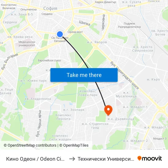 Ⓜ️ Кино Одеон / Odeon Cinema (0926) to Технически Университет - София map