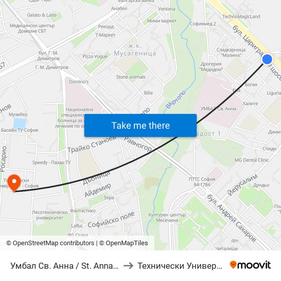 Умбал Св. Анна / St. Anna Hospital (1192) to Технически Университет - София map