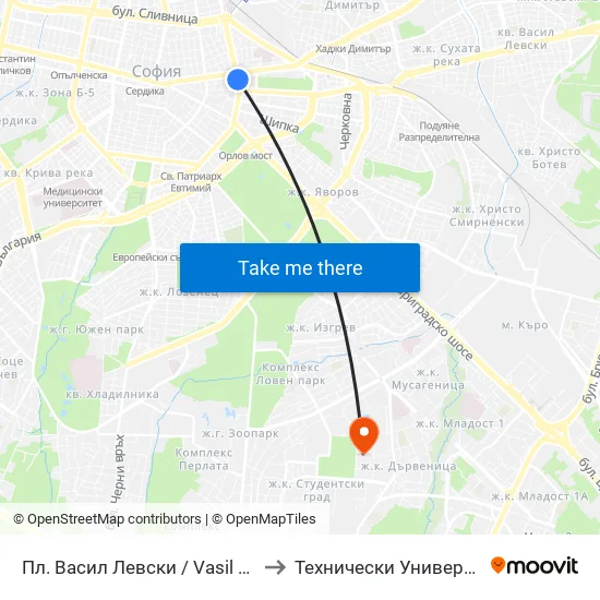 🎓 Пл. Васил Левски / Vasil Levski Sq. (1241) to Технически Университет - София map