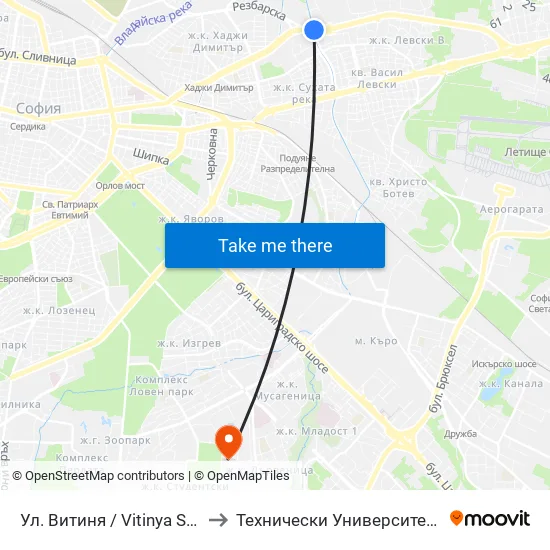 Ул. Витиня / Vitinya St. (1754) to Технически Университет - София map