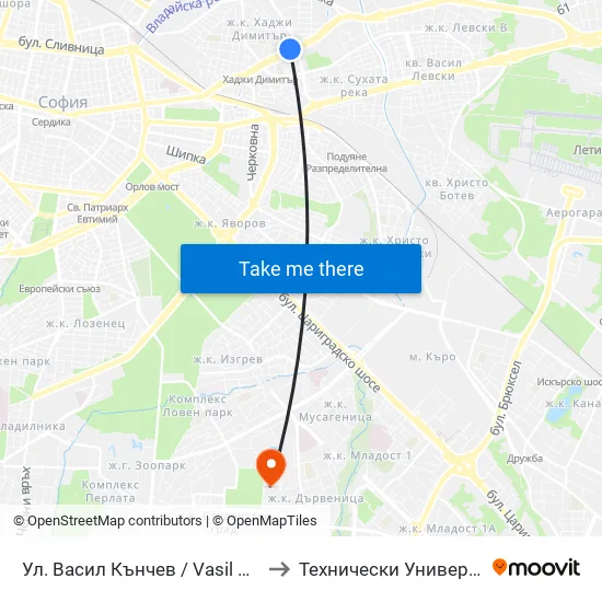 Ул. Васил Кънчев / Vasil Kanchev St. (1862) to Технически Университет - София map