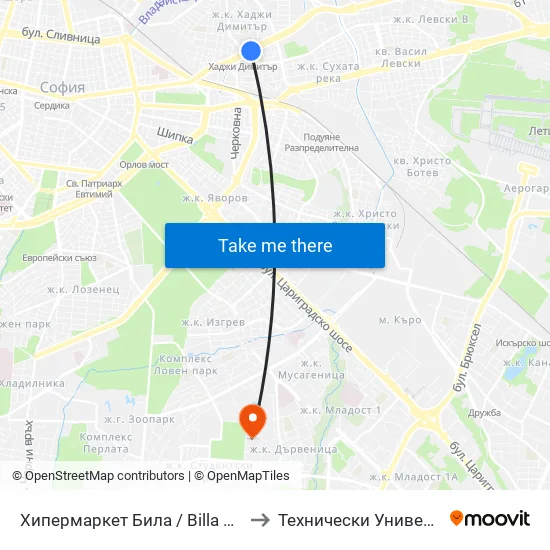 Ⓜ️ Метростанция Хаджи Димитър / Hadzhi Dimitar Metro Station (2107) to Технически Университет - София map