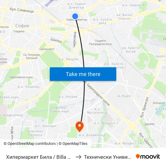 Ⓜ️ Метростанция Хаджи Димитър / Hadzhi Dimitar Metro Station (2108) to Технически Университет - София map