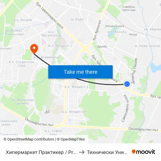 Хипермаркет Практикер / Praktiker Hypermarket (2408) to Технически Университет - София map