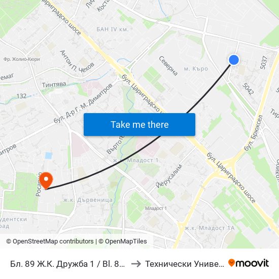 Бл. 89 Ж.К. Дружба 1 / Bl. 89, Druzhba 1 Qr. (0255) to Технически Университет - София map