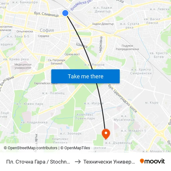 Пл. Сточна Гара / Stochna Gara Sq (1318) to Технически Университет - София map