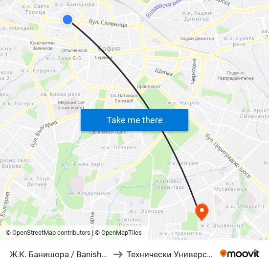 Ж.К. Банишора / Banishora Qr. (0803) to Технически Университет - София map