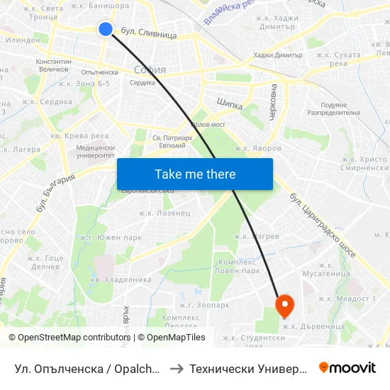 Ул. Опълченска / Opalchenska St. (2082) to Технически Университет - София map