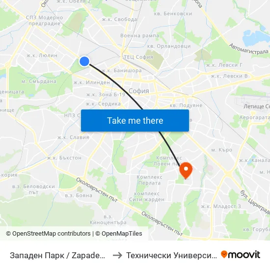 Западен Парк / Zapaden Park (1253) to Технически Университет - София map