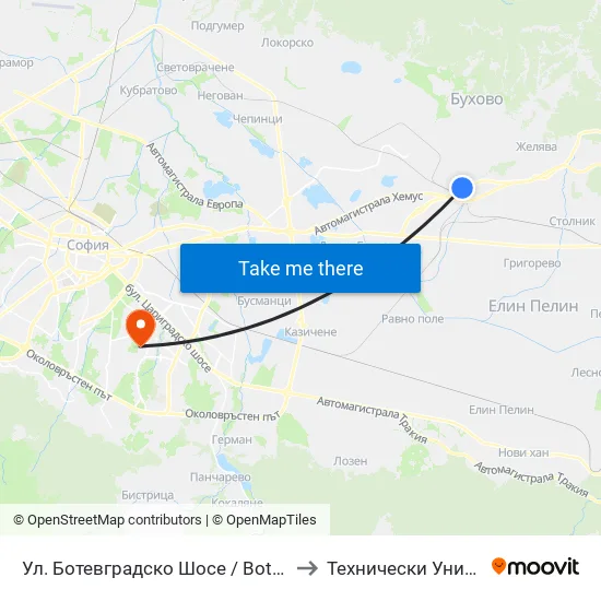 Ул. Ботевградско Шосе / Botevgradsko Shosse St. (2816) to Технически Университет - София map