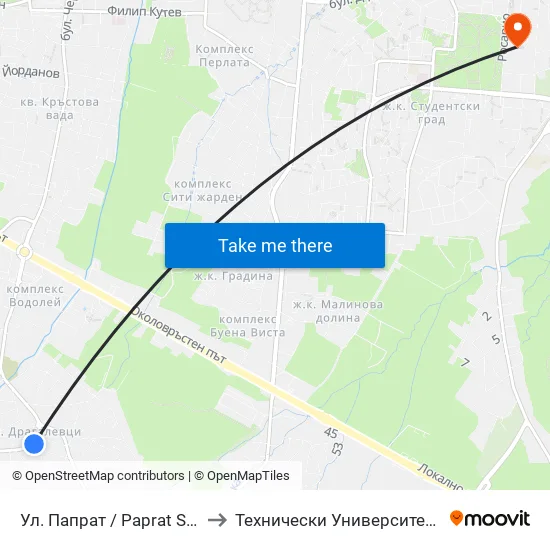 Ул. Папрат / Paprat St (6704) to Технически Университет - София map
