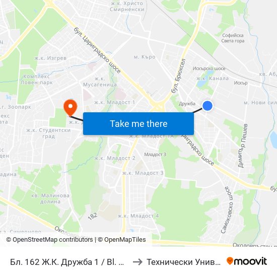 Бл. 162 Ж.К. Дружба 1 / Bl. 162, Druzhba 1 Qr. (0143) to Технически Университет - София map
