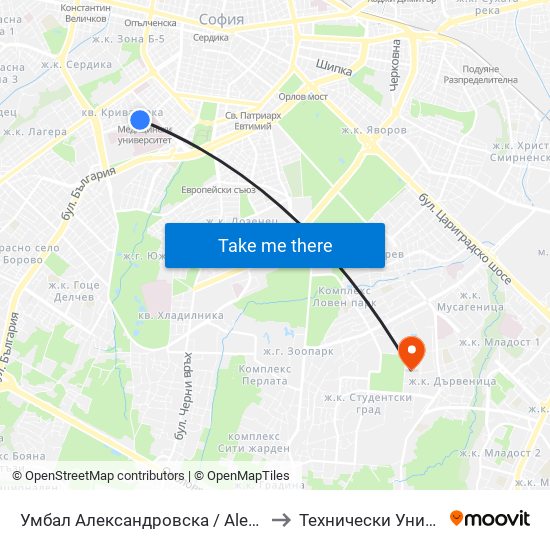 Умбал Александровска / Aleksandrovska Hospital (1034) to Технически Университет - София map