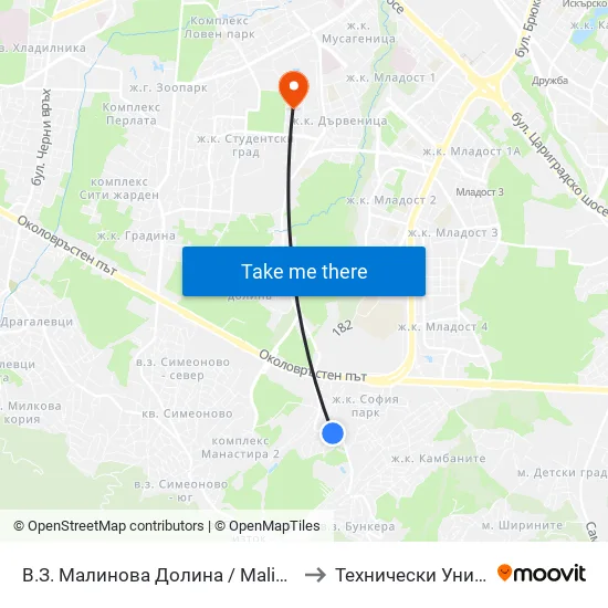 👋 В.З. Малинова Долина / Malinova Dolina Village Zone (2824) to Технически Университет - София map