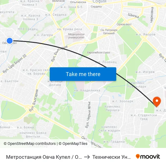 Ⓜ️ Метростанция Овча Купел / Ovcha Kupel Metro Station (6037) to Технически Университет - София map