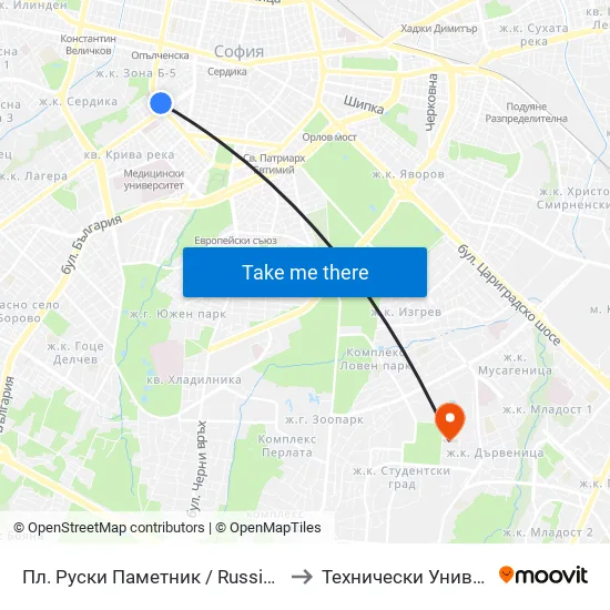 Пл. Руски Паметник / Russian Monument Sq. (1300) to Технически Университет - София map