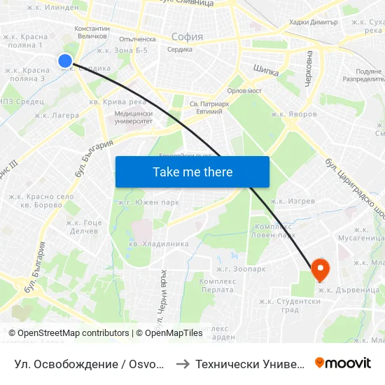 Ул. Освобождение / Osvobozhdenie St. (2098) to Технически Университет - София map