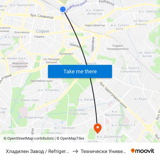 Хладилен Завод / Refrigerator Factory (2311) to Технически Университет - София map