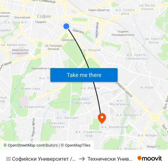 📚🎓 Софийски Университет / Sofia University (1699) to Технически Университет - София map