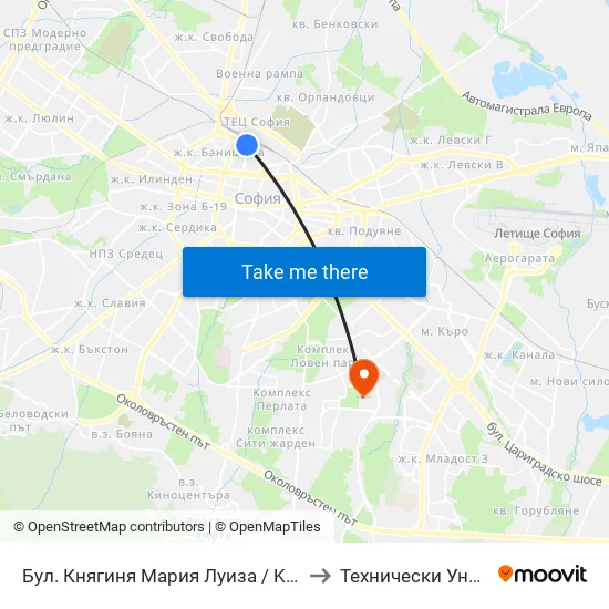 Бул. Княгиня Мария Луиза / Knyaginya Maria Luiza Blvd. (2829) to Технически Университет - София map