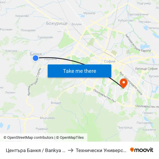 Центъра Банкя / Bankya Centre (6298) to Технически Университет - София map