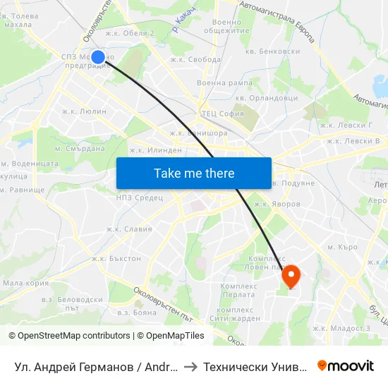 Ул. Андрей Германов / Andrey Germanov St. (2562) to Технически Университет - София map