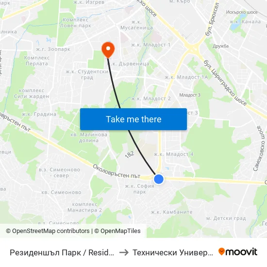 Резиденшъл Парк / Residential Park (2839) to Технически Университет - София map
