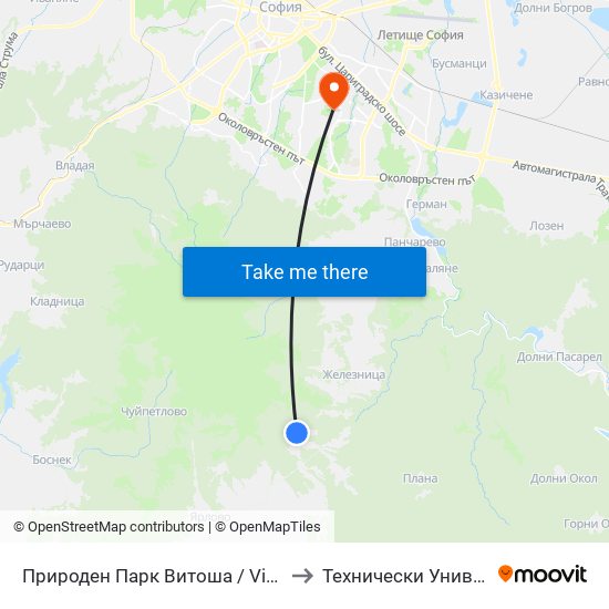 Природен Парк Витоша / Vitosha Nature Park (6619) to Технически Университет - София map