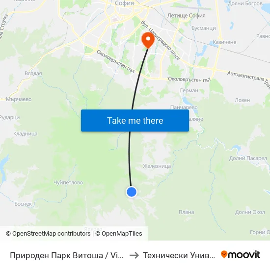 Природен Парк Витоша / Vitosha Nature Park (6619) to Технически Университет - София map