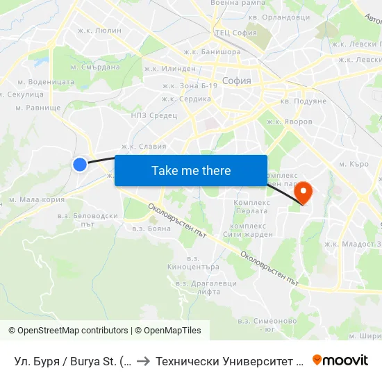 Ул. Буря / Burya St. (6621) to Технически Университет - София map