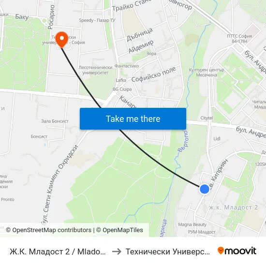 Ж.К. Младост 2 / Mladost 2 Qr. (0664) to Технически Университет - София map