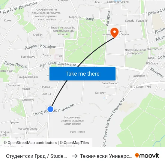 Студентски Град / Students' Town (6719) to Технически Университет - София map