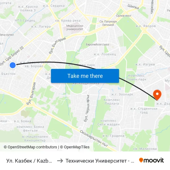Ул. Казбек / Kazbek St. to Технически Университет - София map