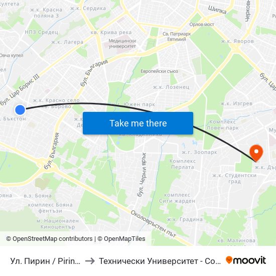 Ул. Пирин / Pirin St. to Технически Университет - София map