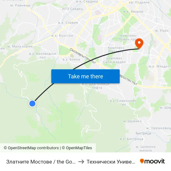 Златните Мостове / the Golden Bridges (2840) to Технически Университет - София map
